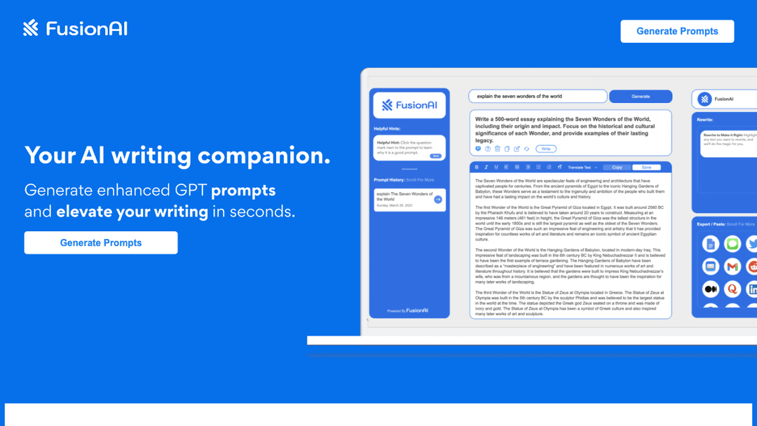 Fusion landing page for generating prompts